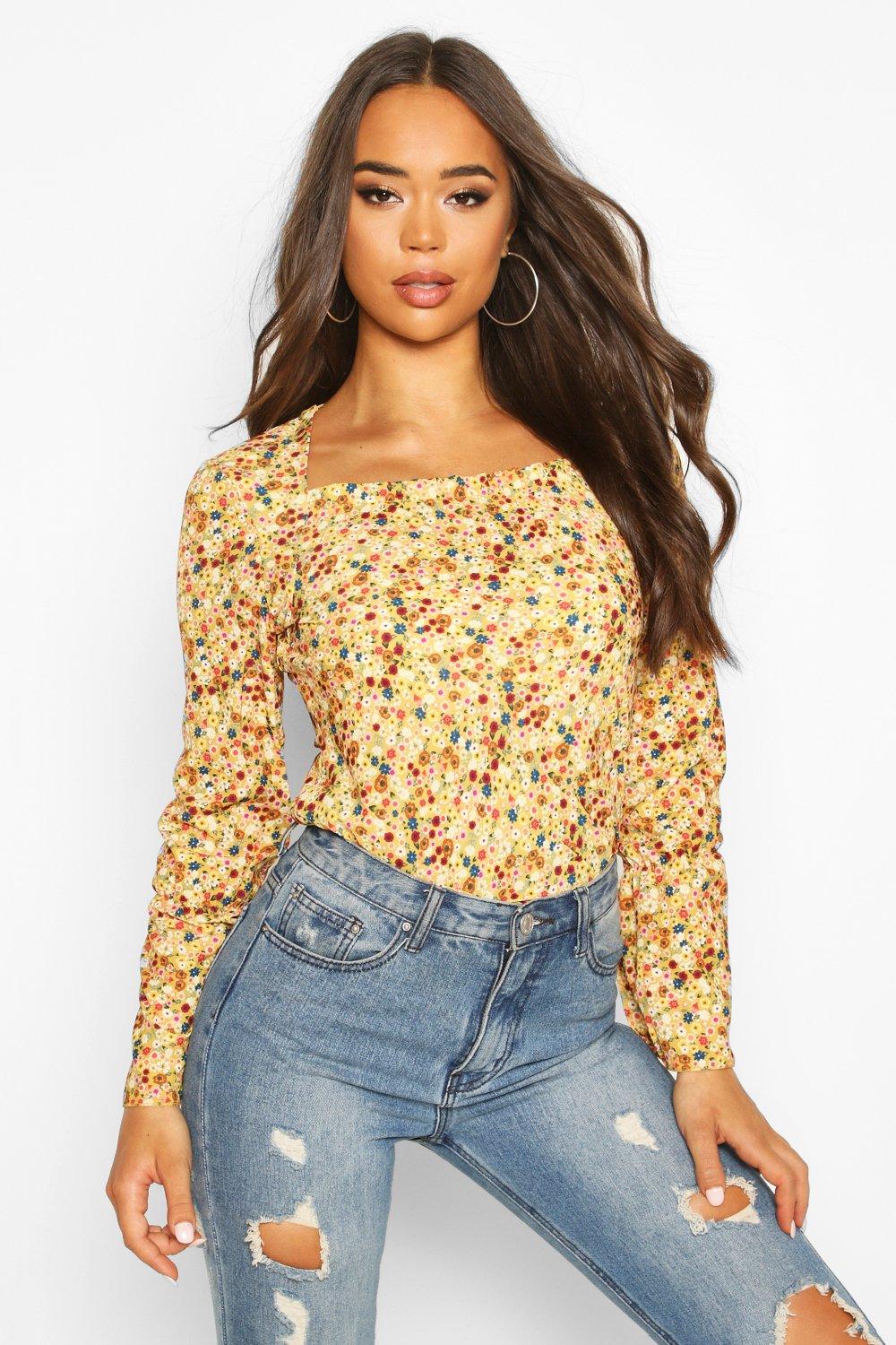 

Ditsy Square Neck Ruffle Top, Mustard