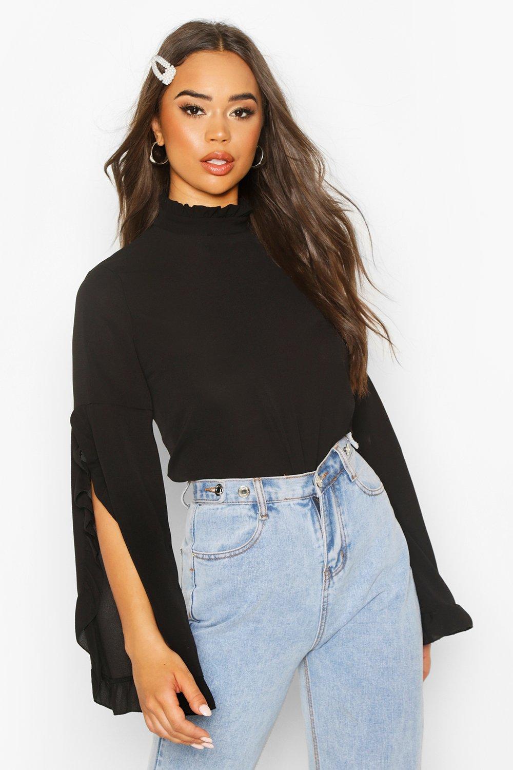 

High Neck Ruffle Sleeve Top, Black