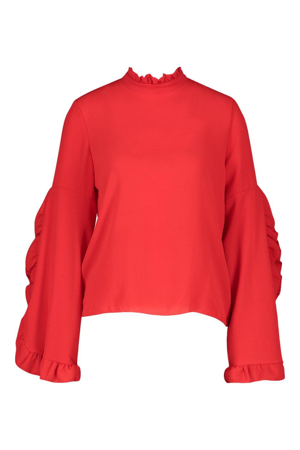 

High Neck Ruffle Sleeve Top, Red