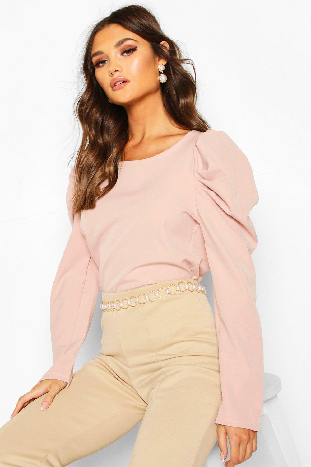 

Woven Puff Sleeve Long Sleeved Shell Top, Black