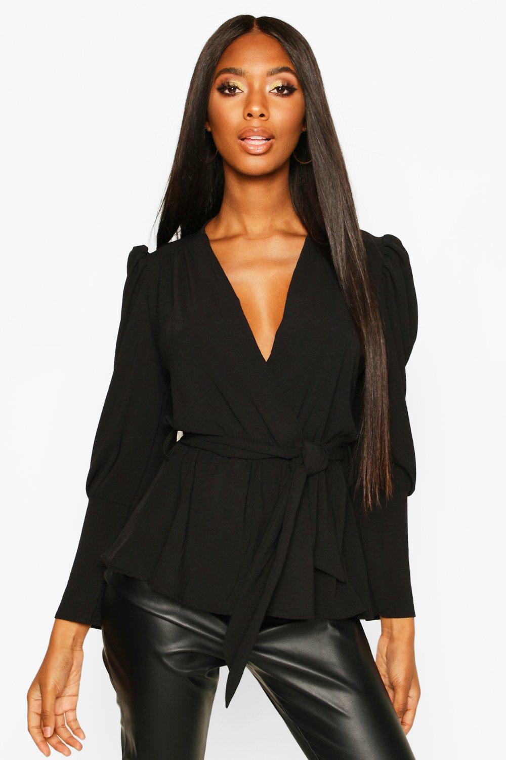 

Puff Sleeve Wrap Blouse, Black