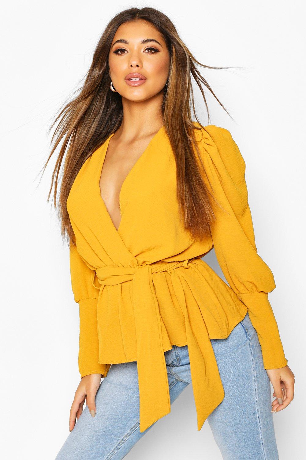 

Puff Sleeve Wrap Blouse, Mustard
