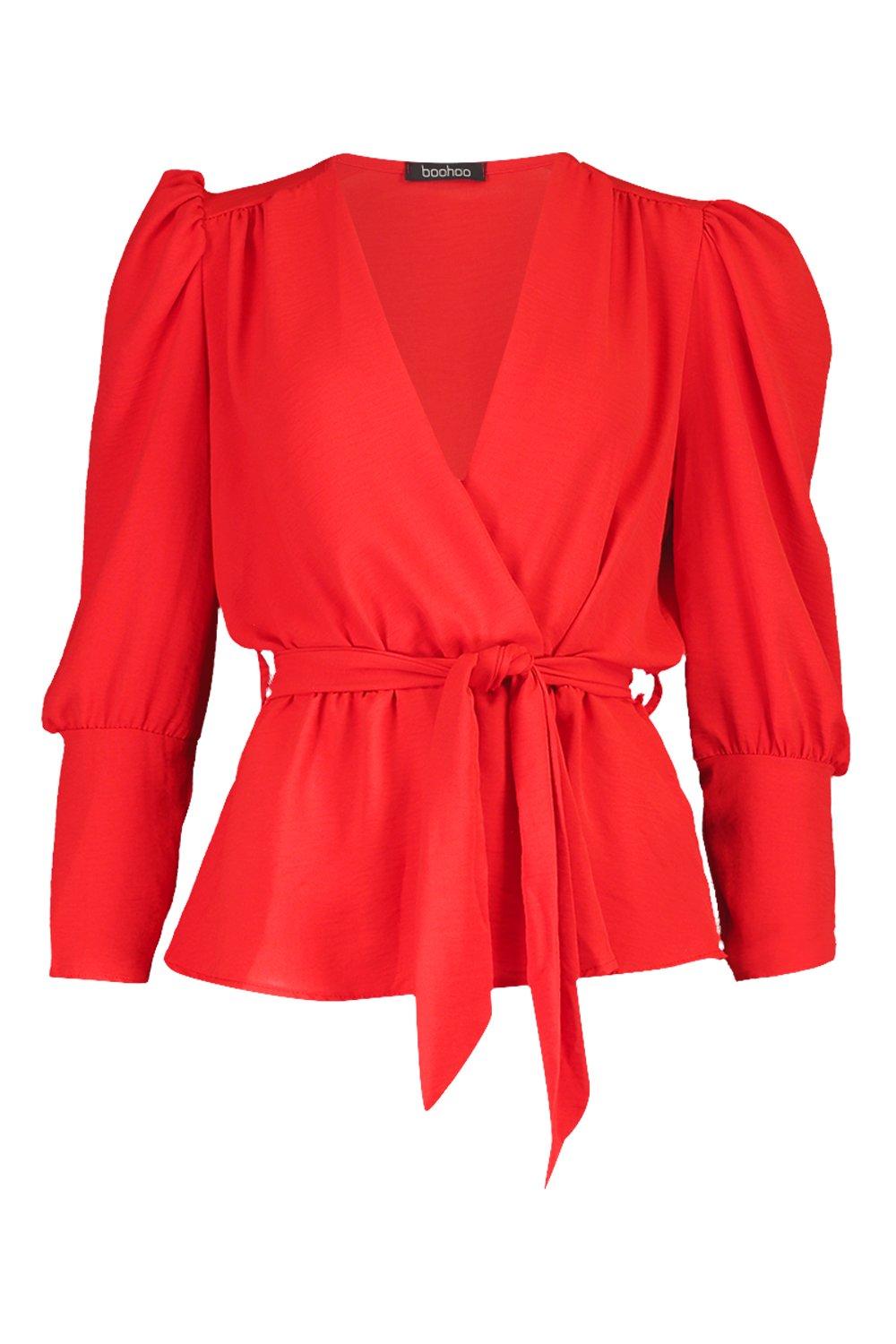 

Puff Sleeve Wrap Blouse, Red