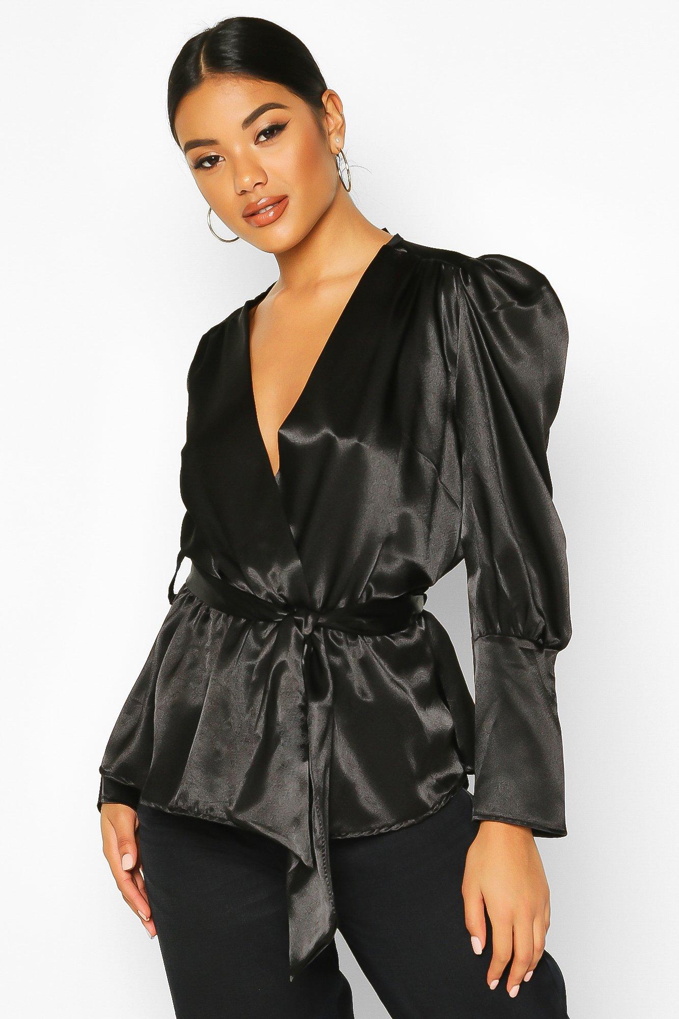 

Satin Puff Sleeve Wrap Top, Black