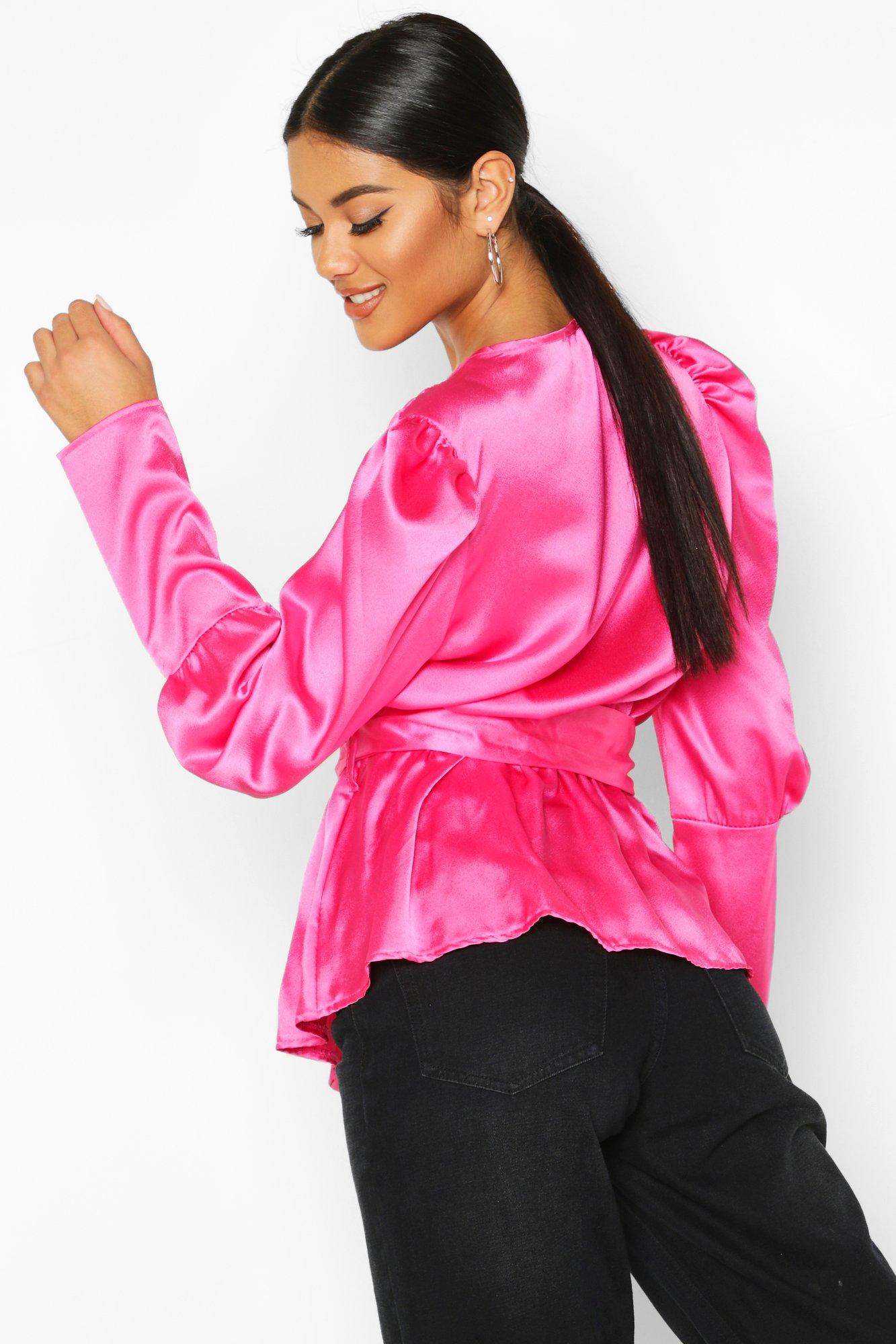 

Satin Puff Sleeve Wrap Top, Hot pink