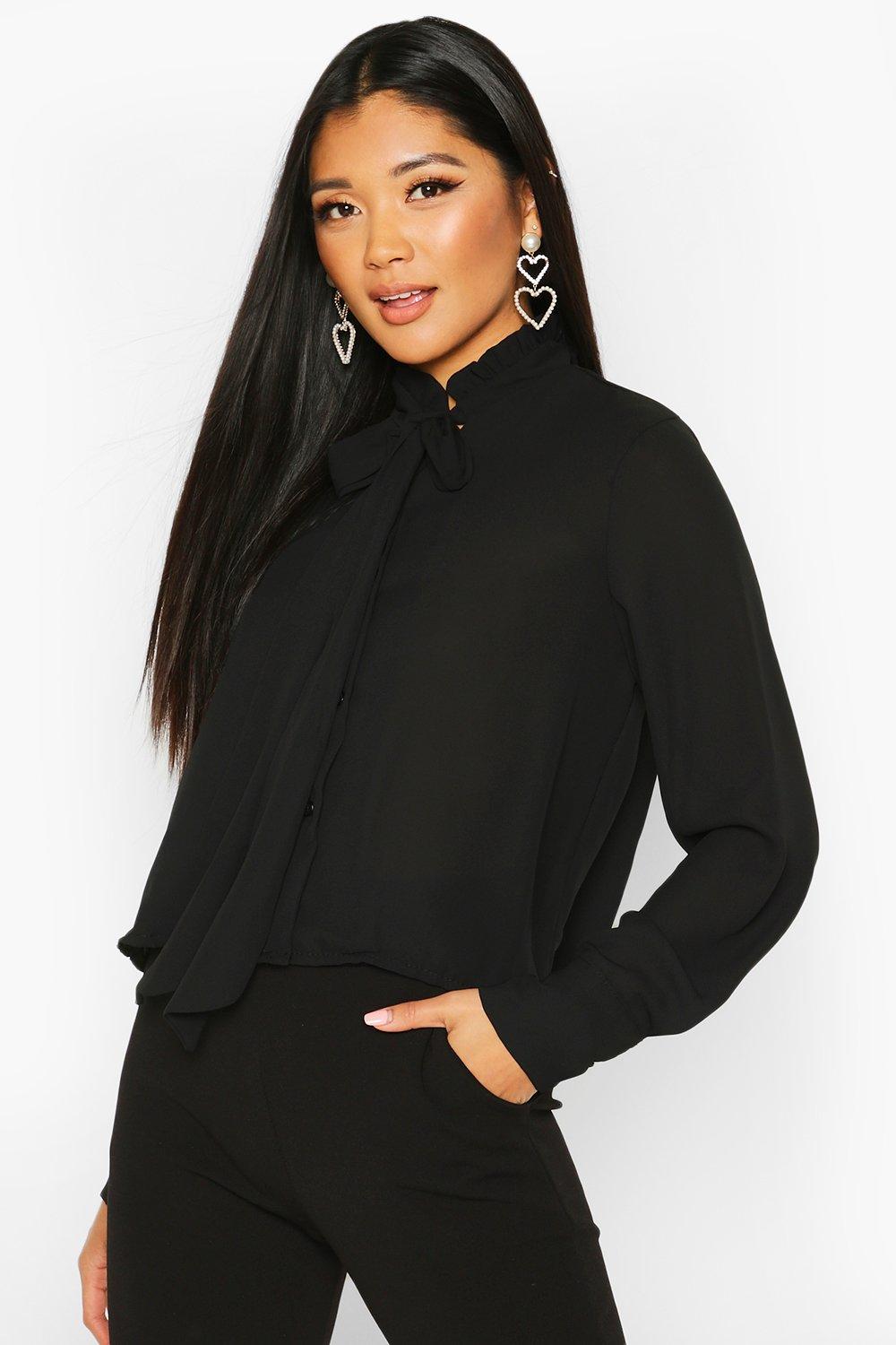 

Ruffle High Neck Tie Blouse, Black
