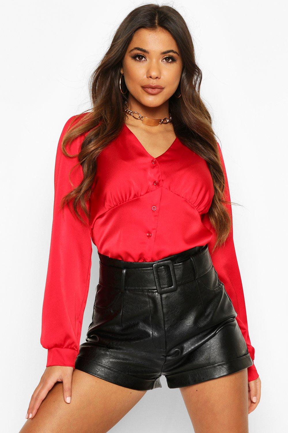 

Satin V Front Blouse, Red