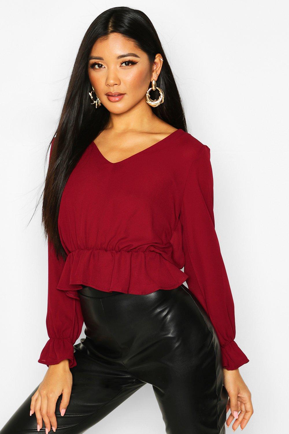 

Flare Cuff V Neck Peplum Top, Wine