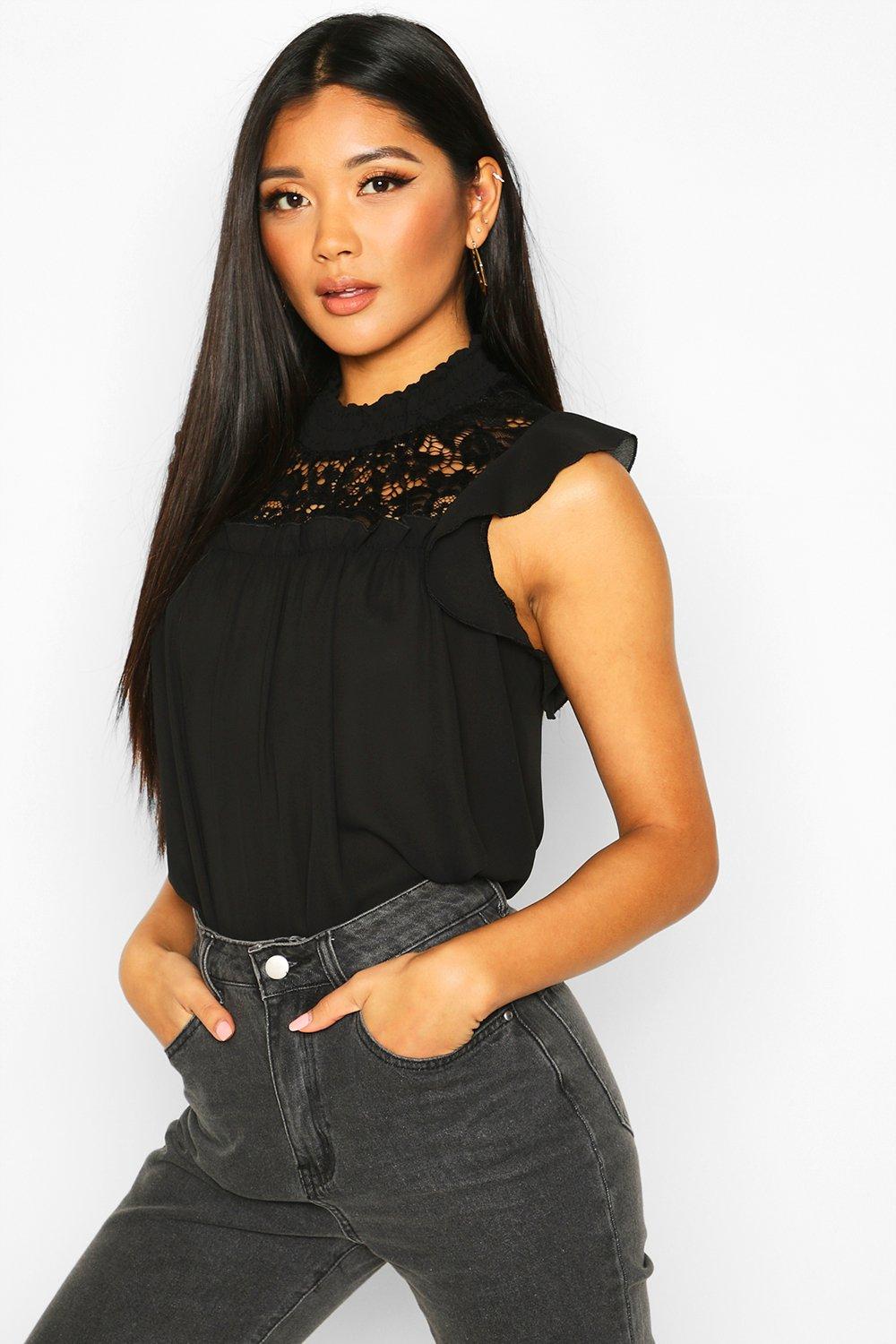 

Lace High Neck Ruffle Sleeve Smock, Black