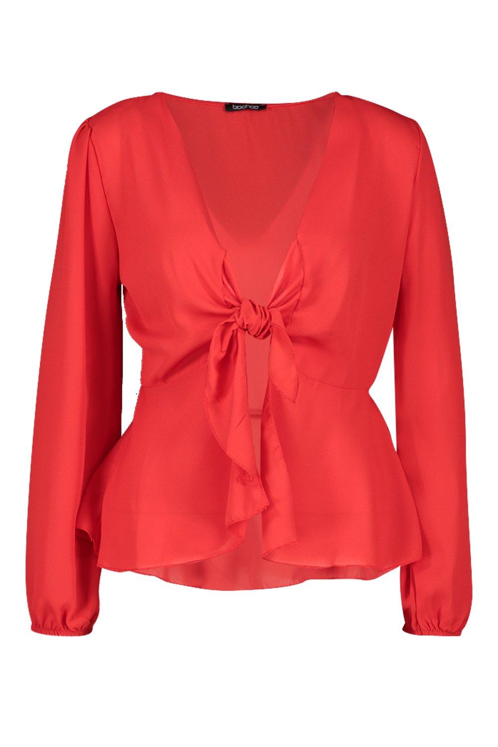 

Plunge Tie Front Woven Blouse, Red