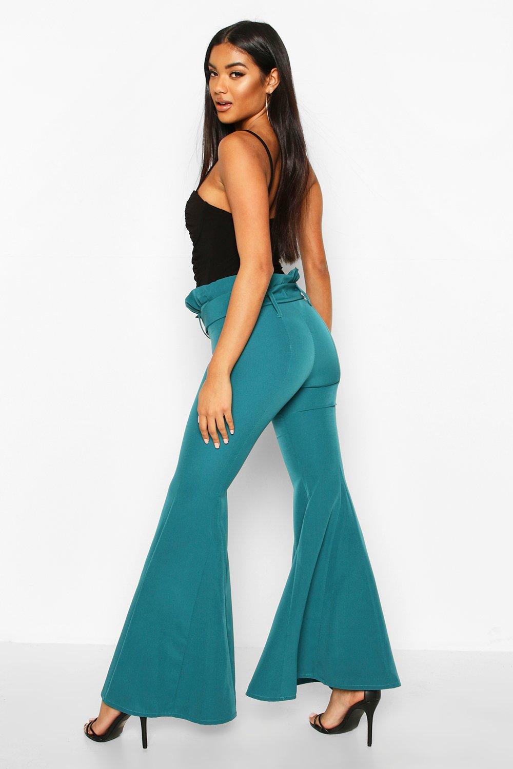 

Paperbag Waist Belted Wide Leg Flare Trouser, Teal