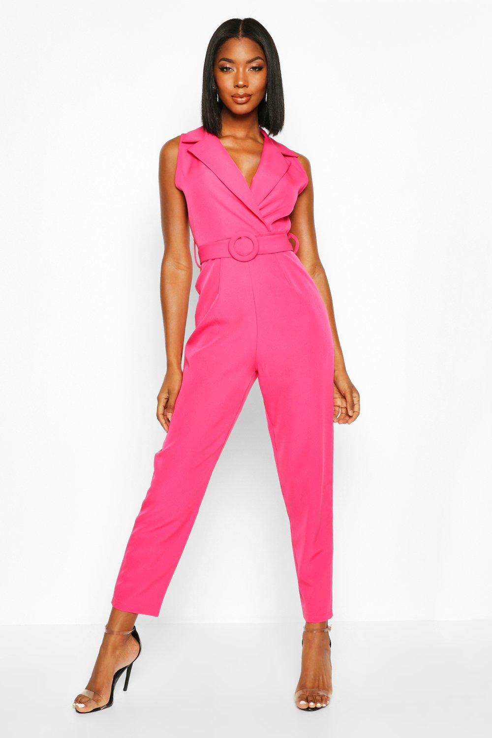 

Belted Tailored Wide Leg Jumpsuit, Magenta