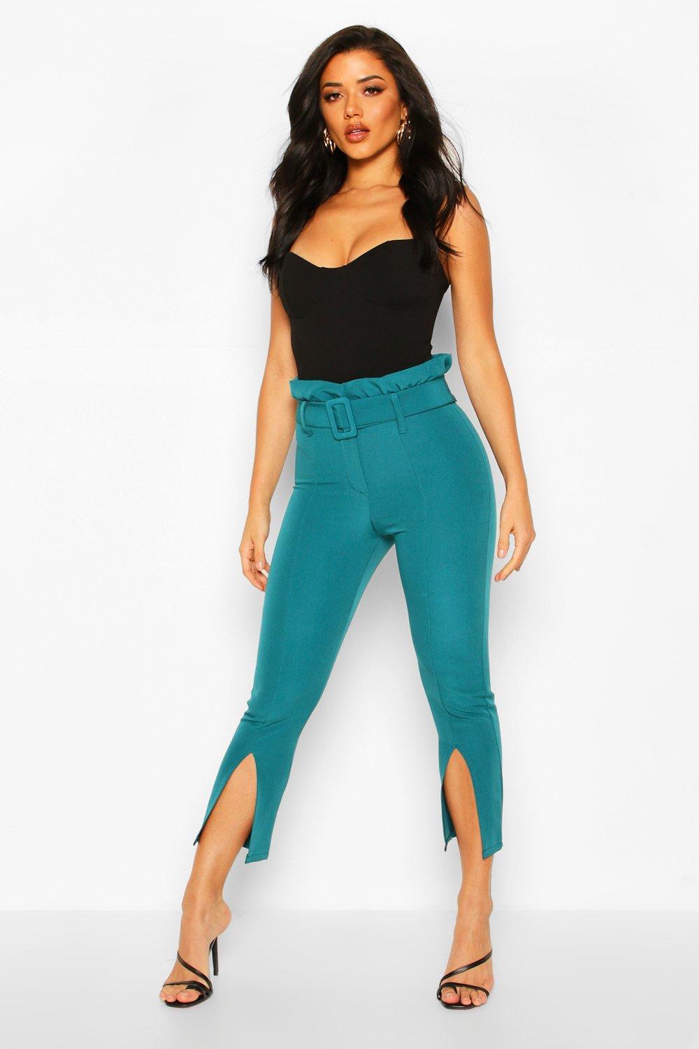 

Paperbag Waist Belted Split Front Tailored Trousers, Teal