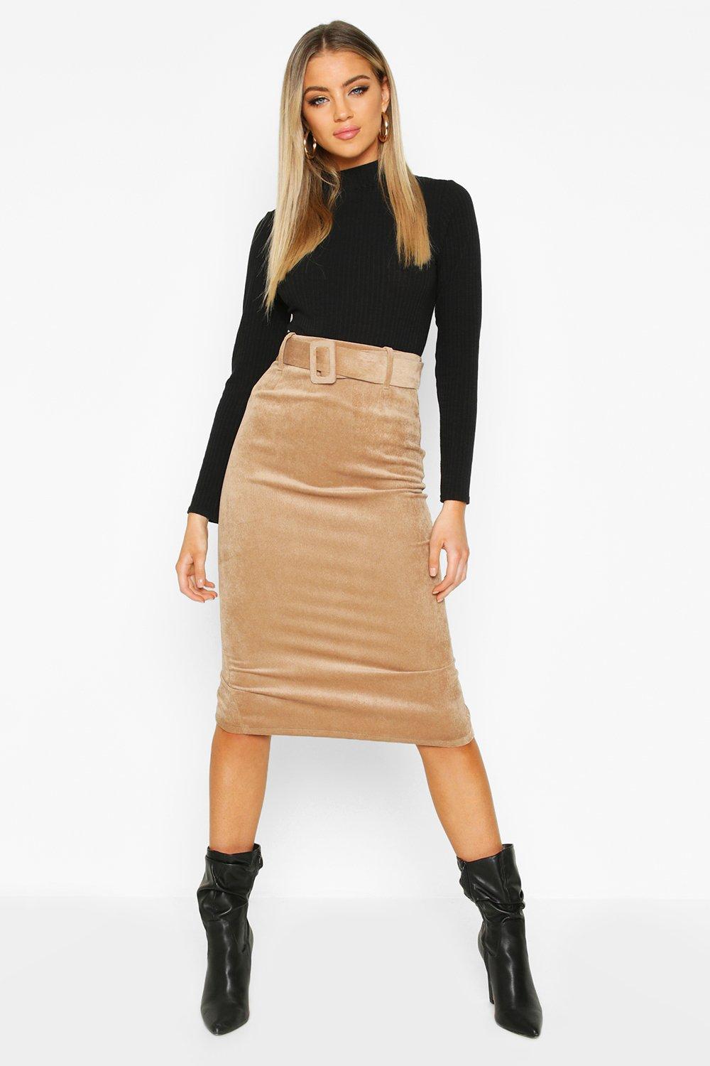 

Self Fabric Belted Cord Midi Skirt, Sand