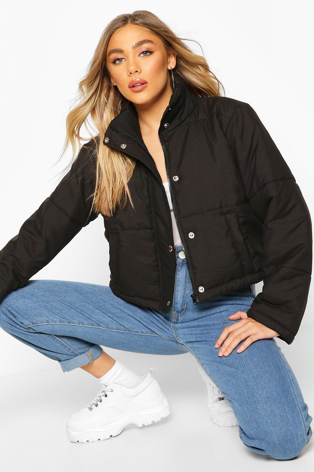 

Cropped Funnel Neck Puffer, Black