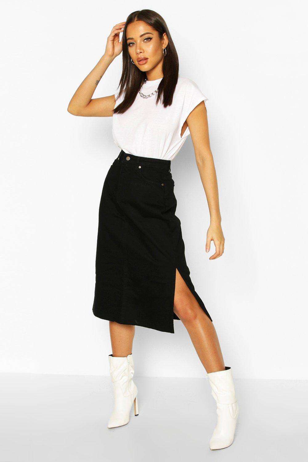 

Split Hems Denim Midi Skirt, Black