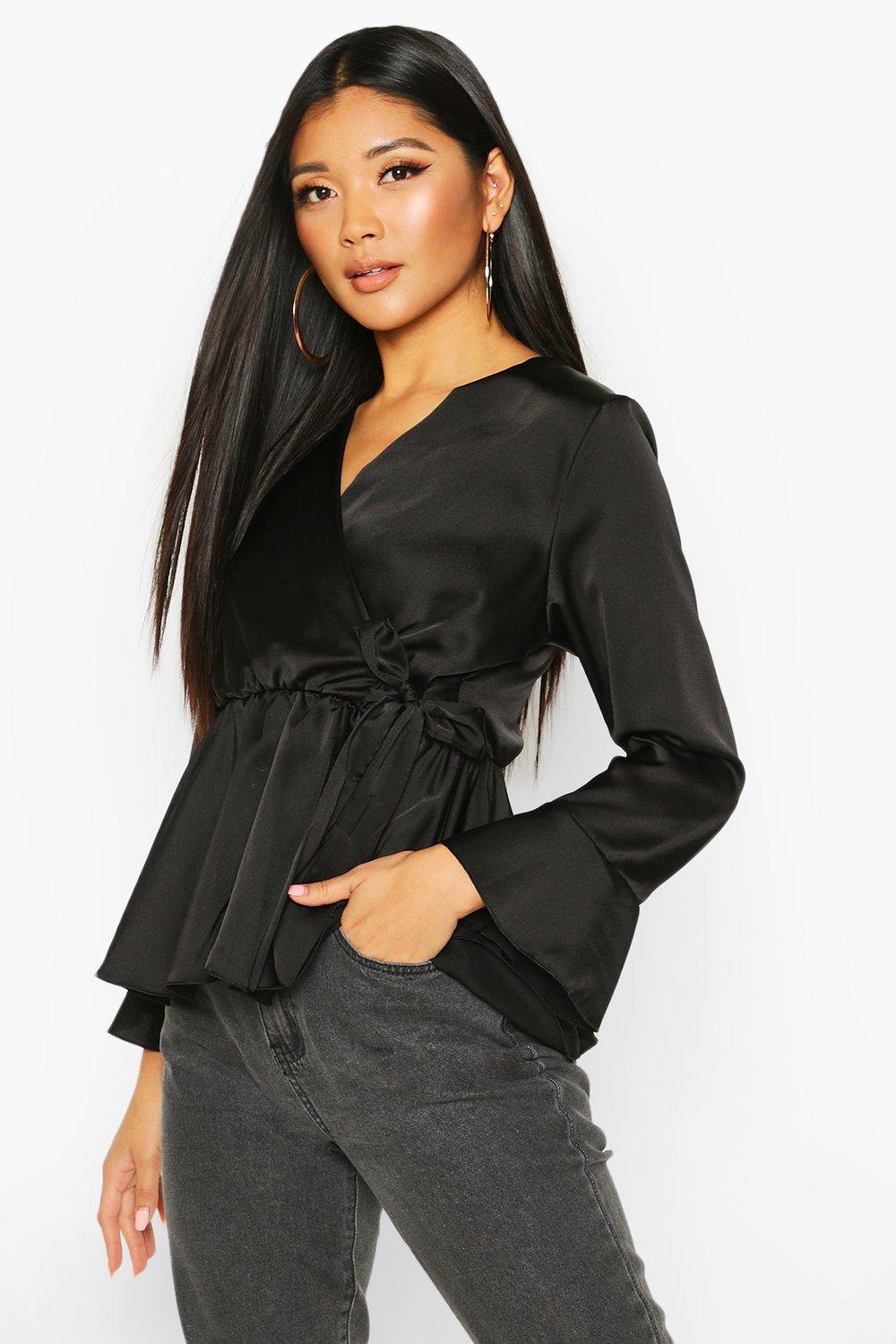 

Flute Sleeve Satin Tie Peplum Top, Black