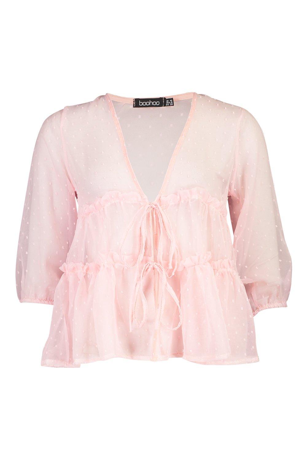 

Dobby Spot Ruffle Waist Blouse, Blush