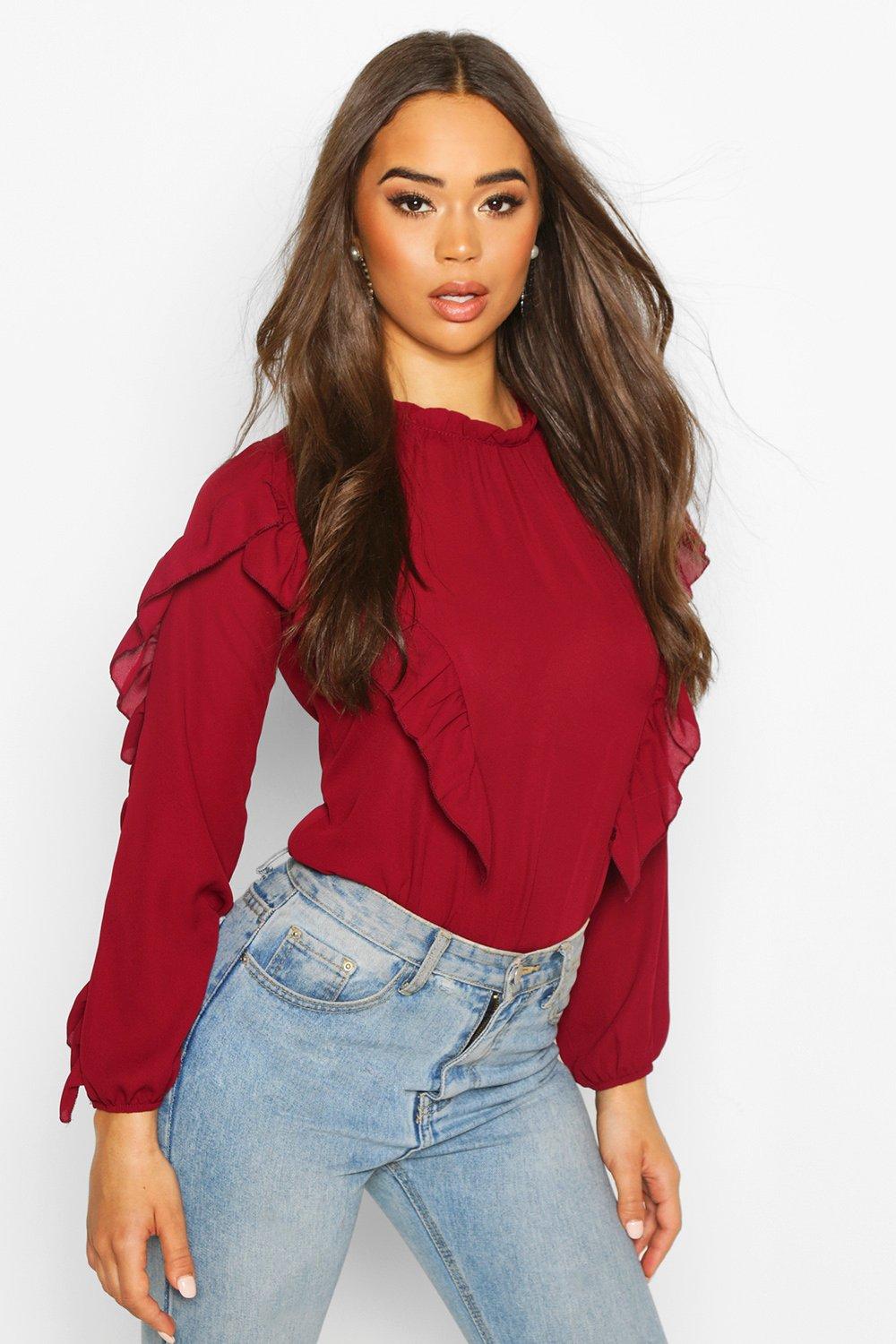 

Ruffle Detail High Neck Blouse, Berry