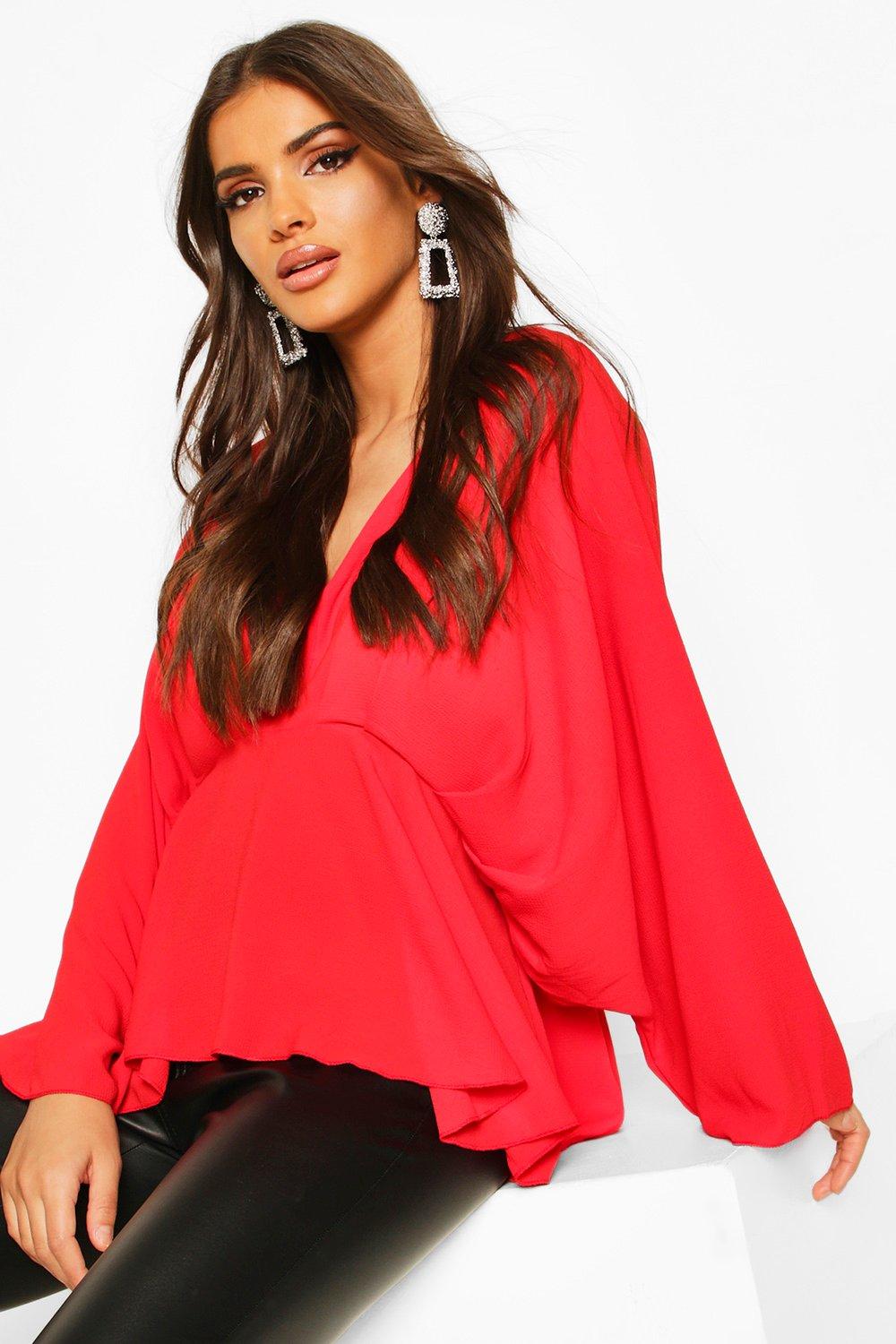 

Pleat Front Peplum Top, Red