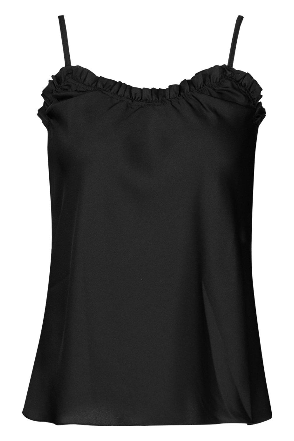 

Ruffle Detail Satin Cami, Black