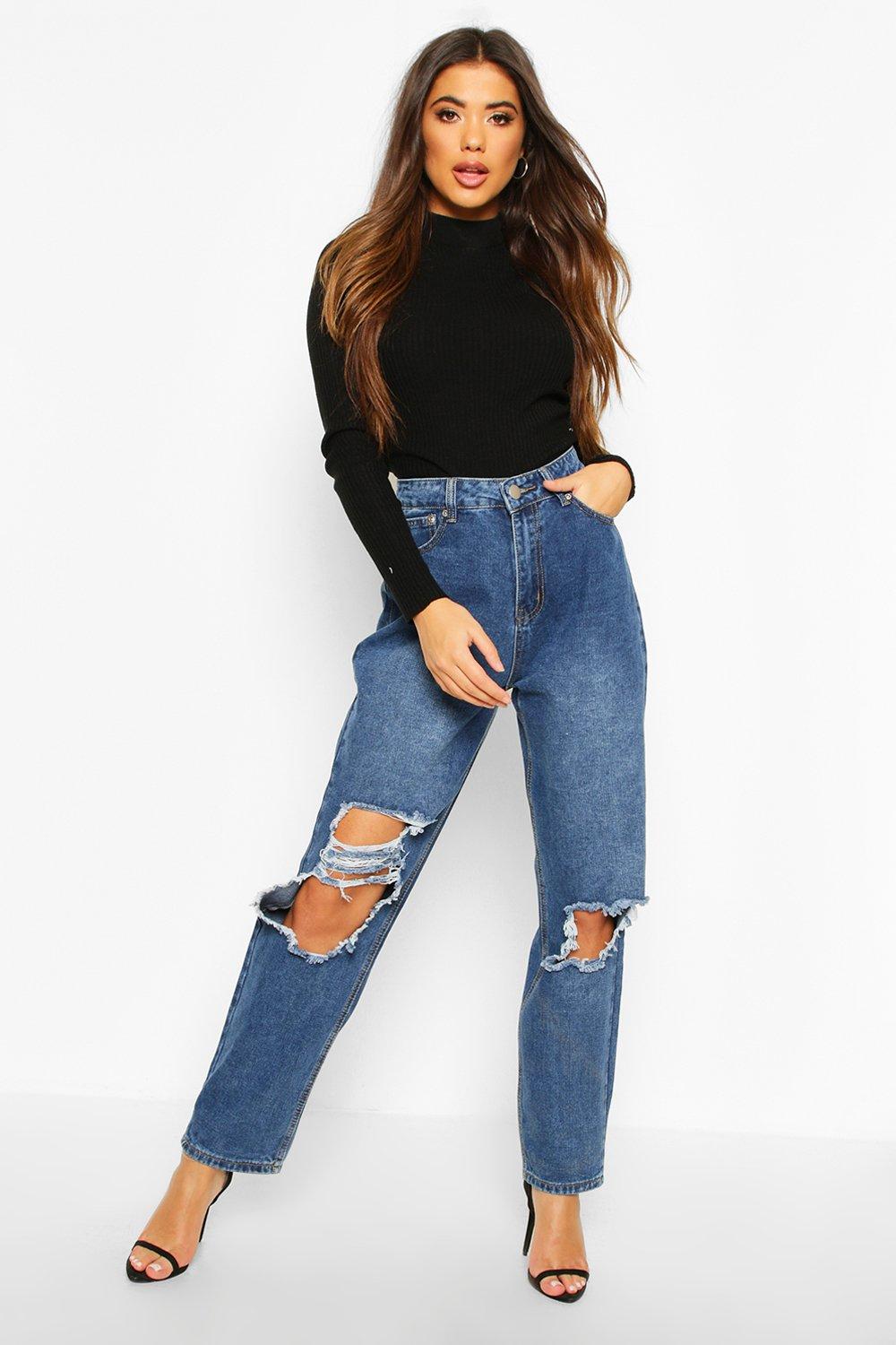 

High Rise Distressed Boyfriend Jean, Mid blue