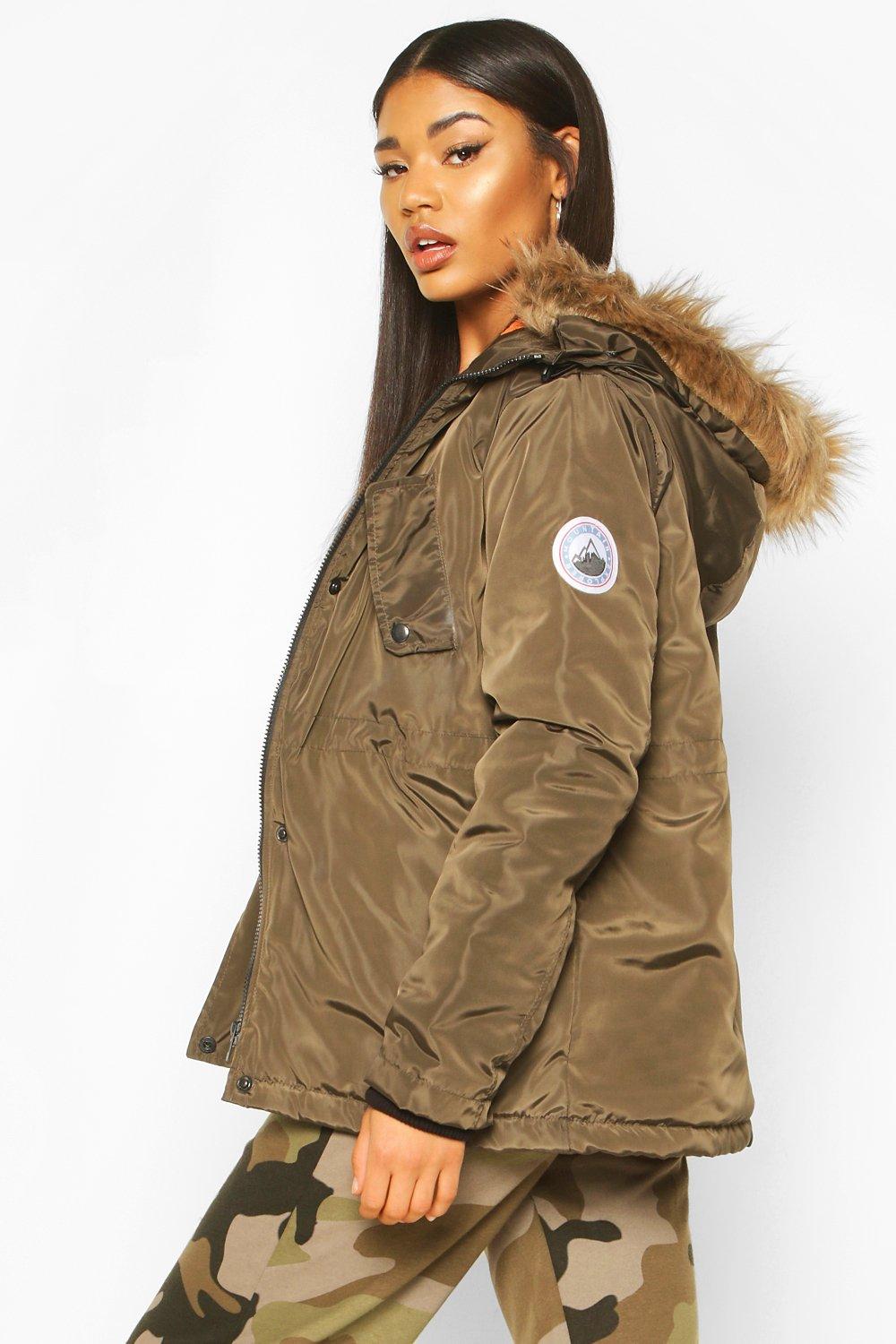 

Faux Fur Trim Badge Detail Parka, Black