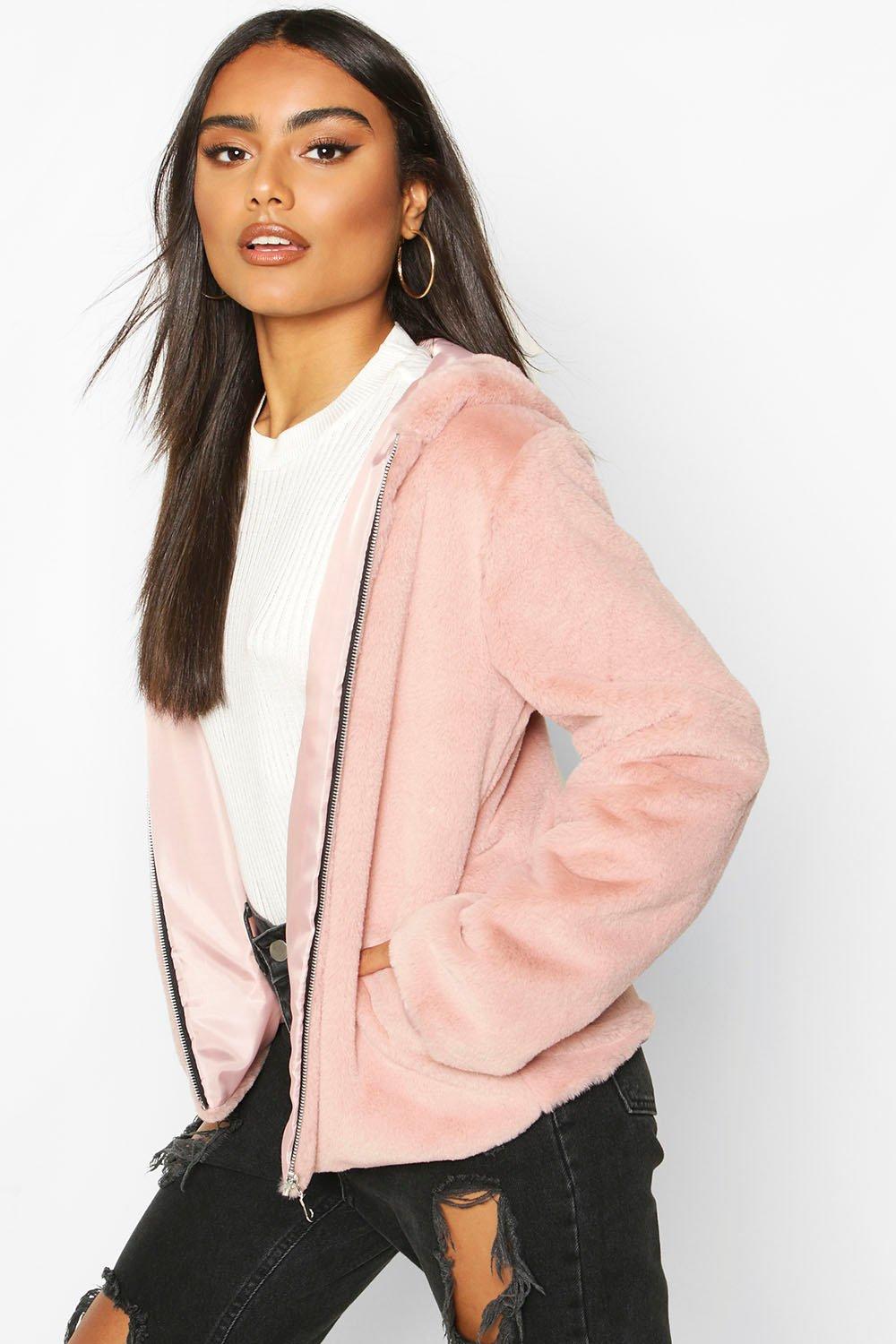 

Hooded Faux Fur Coat, Dusky pink