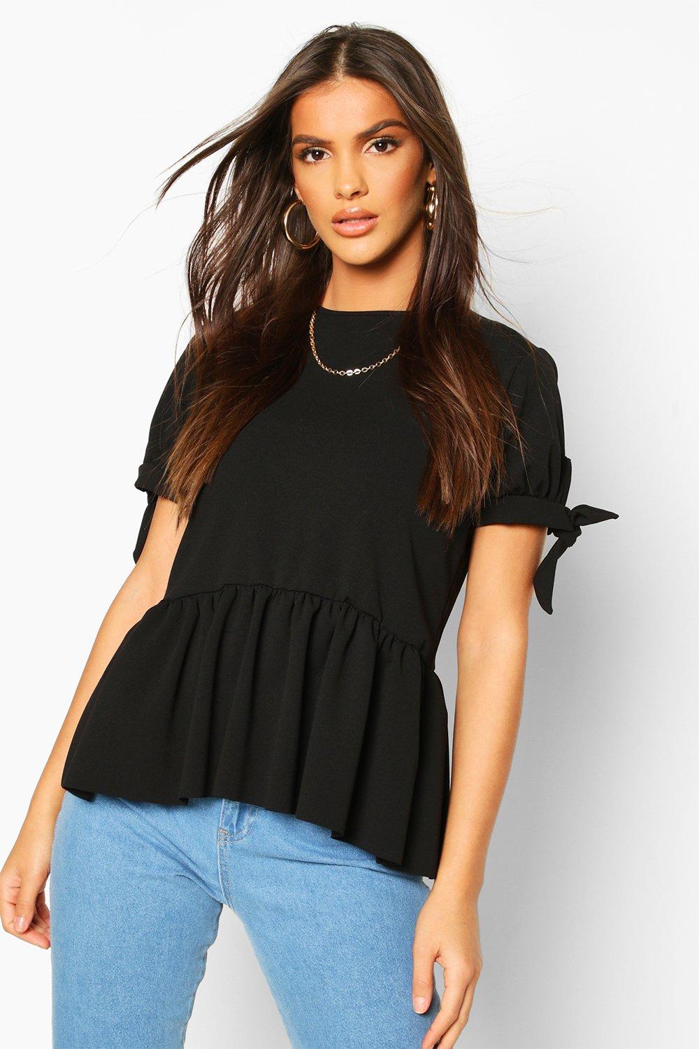 

Crepe Tie Sleeve Smock Peplum Top, Black