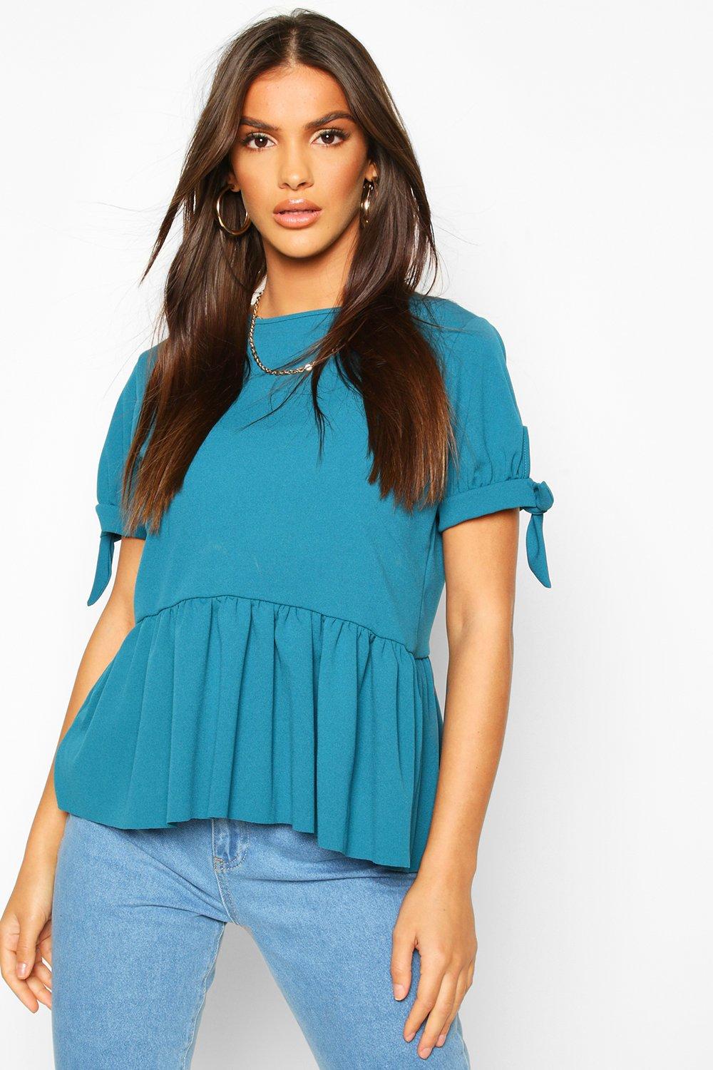 

Crepe Tie Sleeve Smock Peplum Top, Teal