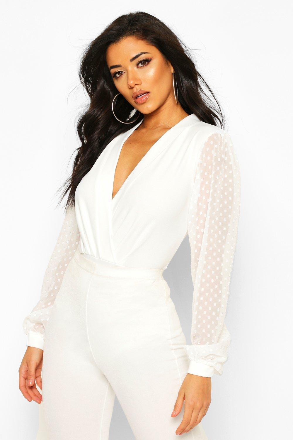 

Tailored Dobby Mesh Sleeve Bodysuit, Ivory