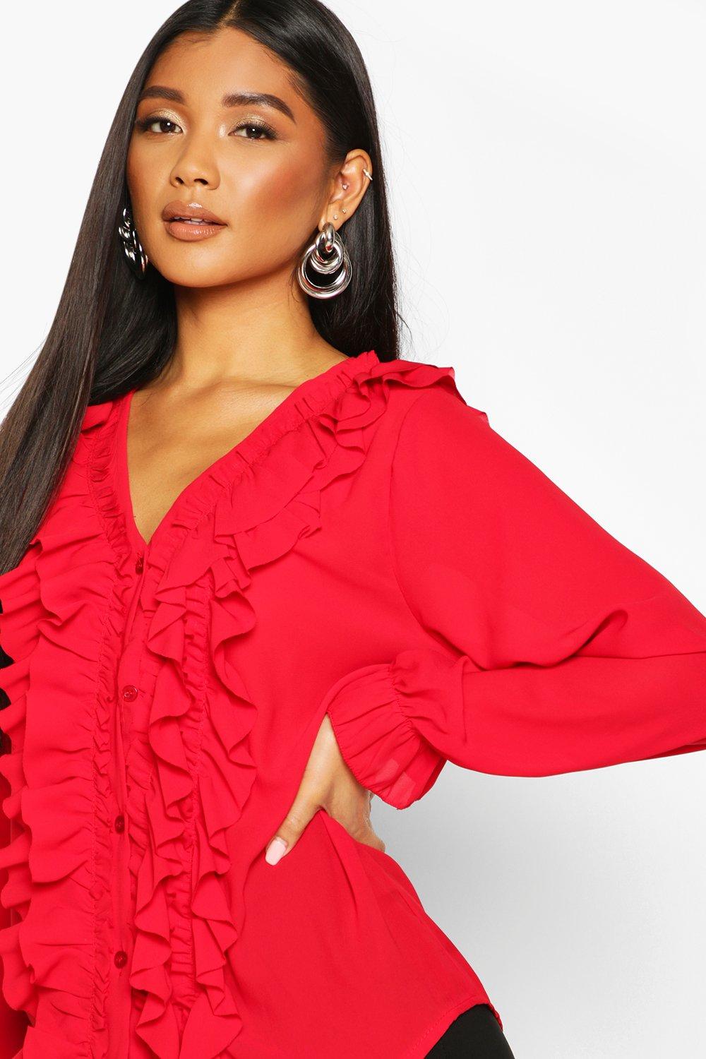 

Ruffle Woven Blouse, Red