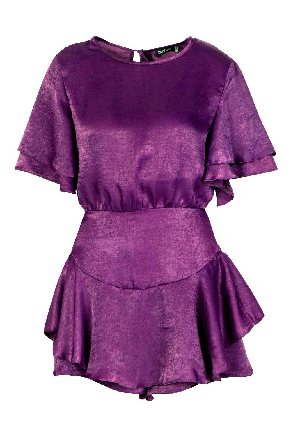 

Velvet Satin Ruffle Layer Dress Playsuit, Plum, Футболка оверсайз с принтом на спине, Teal