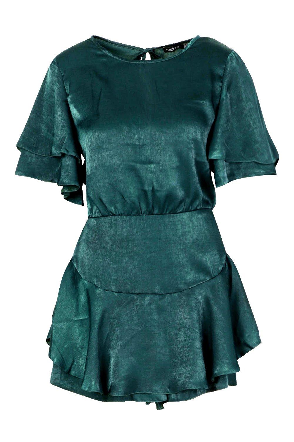 

Velvet Satin Ruffle Layer Dress Playsuit, Teal