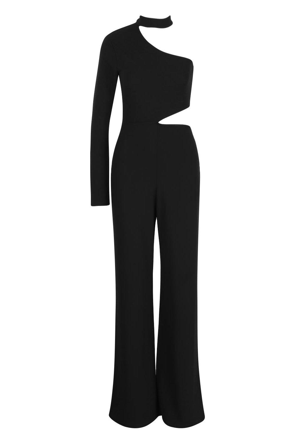 

One Shoulder Wide Leg Cut Side Jumpsuit, Black