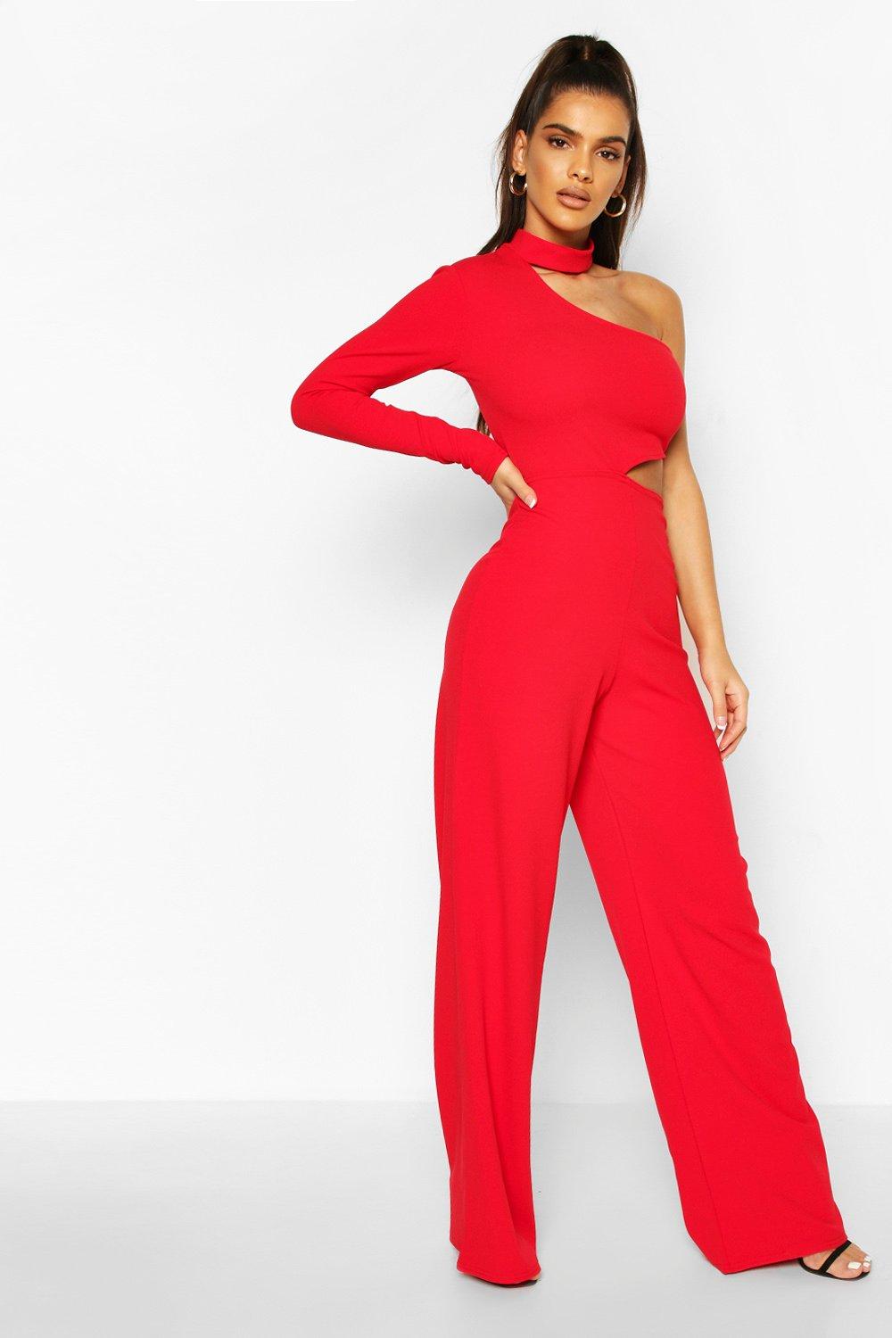 

One Shoulder Wide Leg Cut Side Jumpsuit, Red