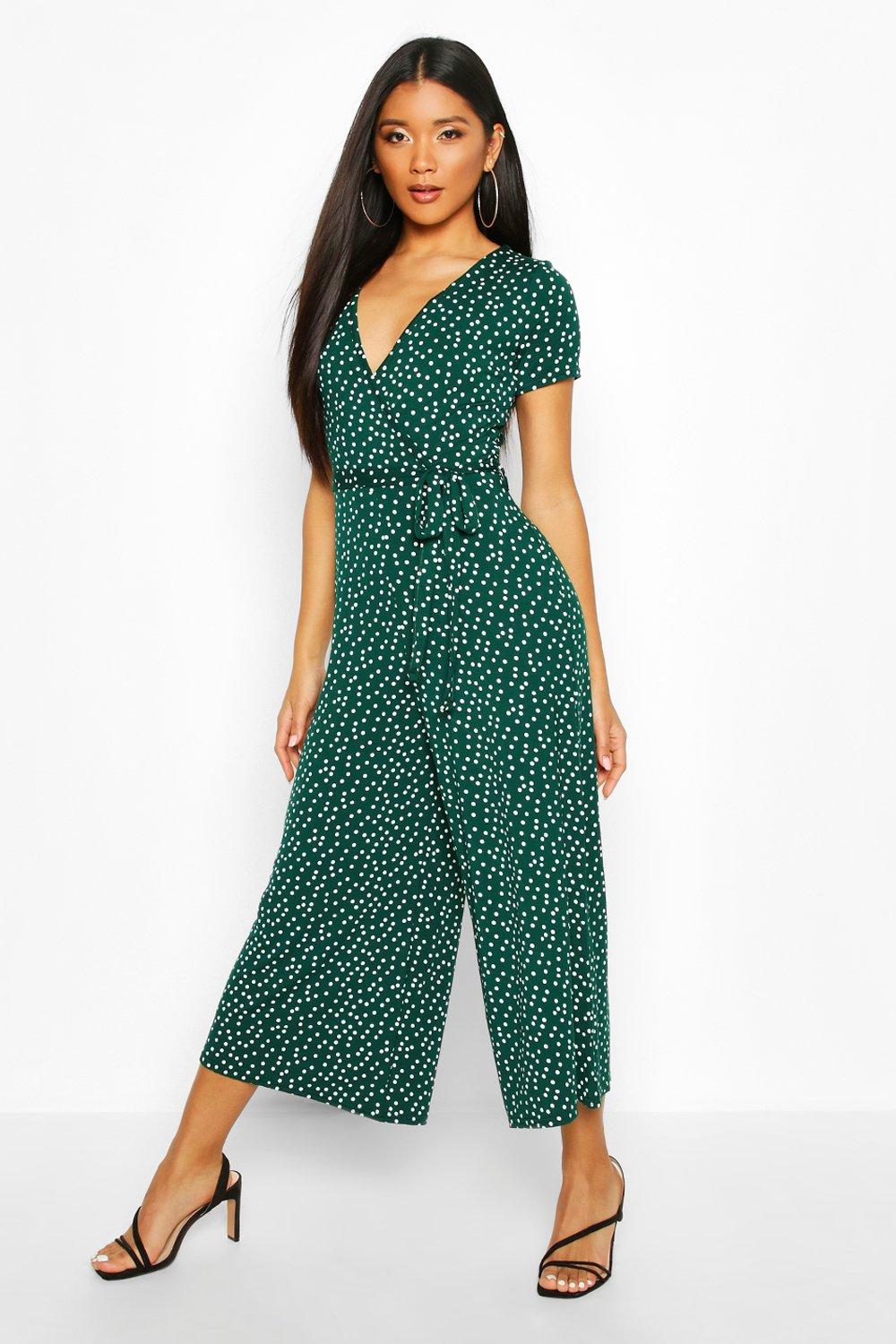 boohoo green polka dot jumpsuit