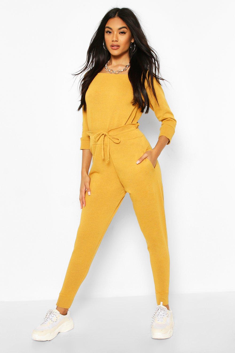 

Recycled Slash Neck Knitted Lounge Set, Mustard