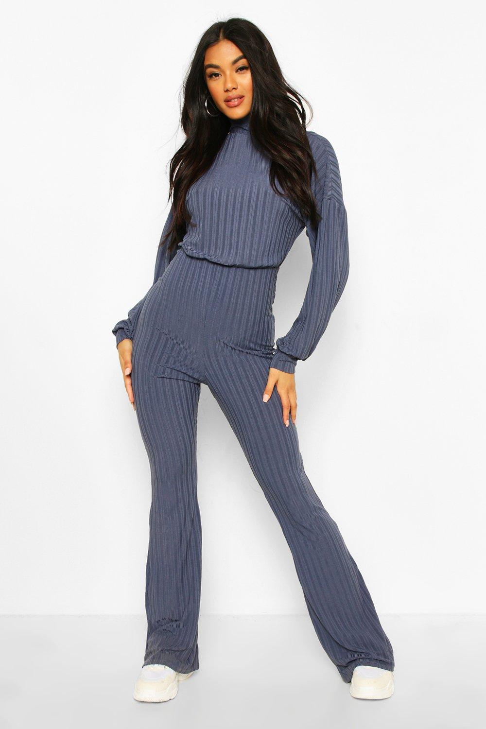 

Recycled Roll Neck Blouson Sleeve Rib Jumpsuit, Blue