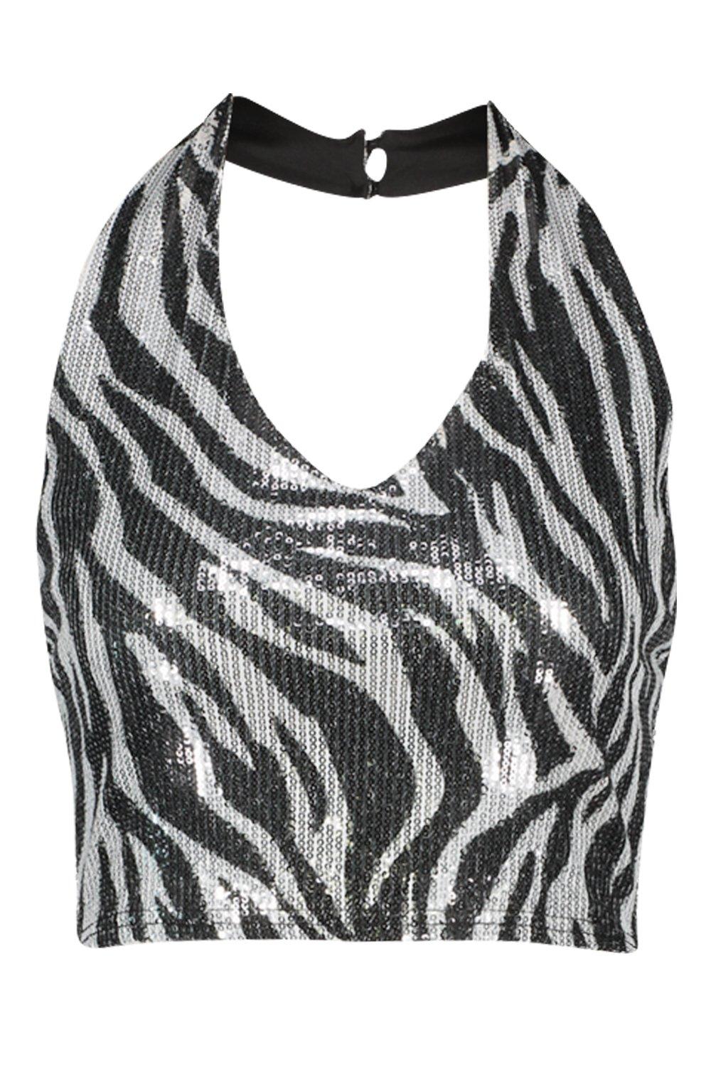

Zebra Sequin Halter Neck Top, Black