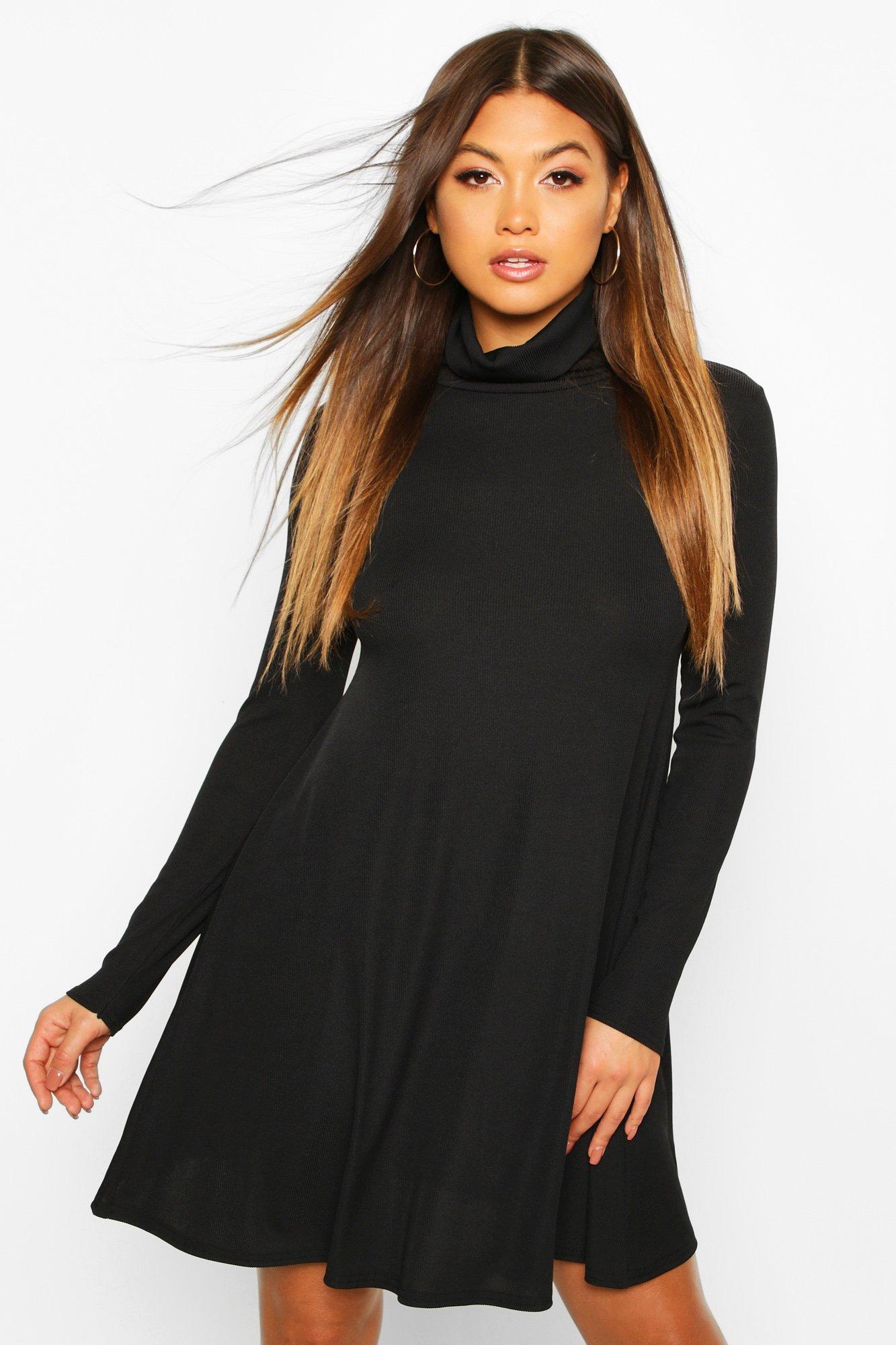 

Recycled High Neck Rib Mini Dress, Black