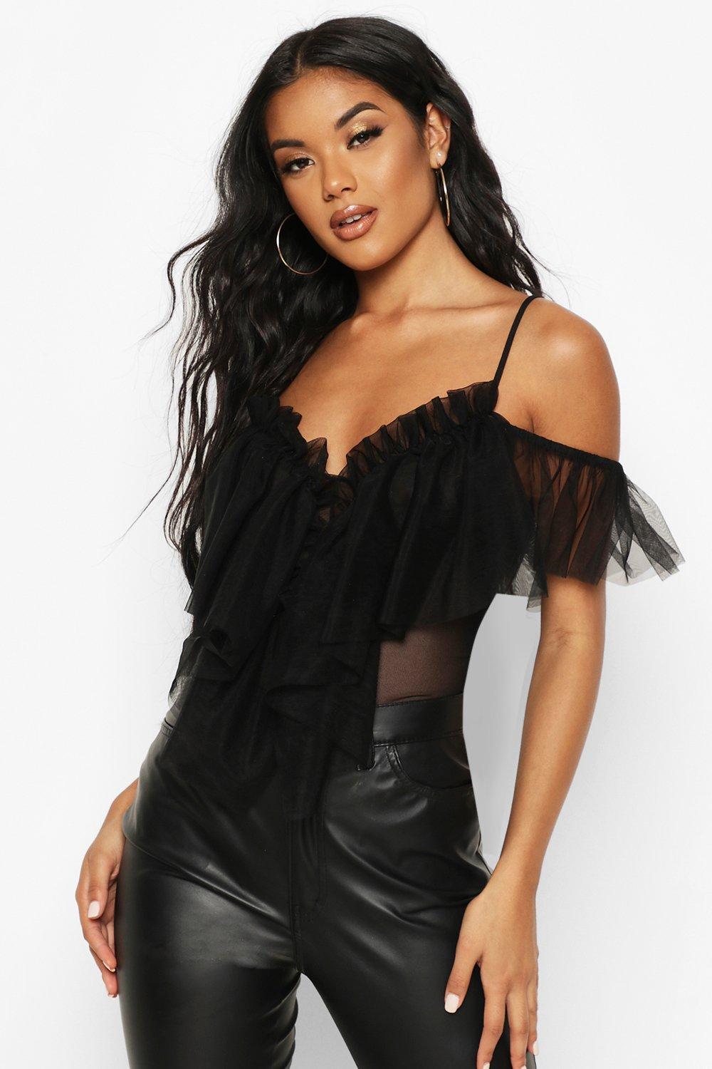 

Боди из органзы с рюшами и сеткой, Black