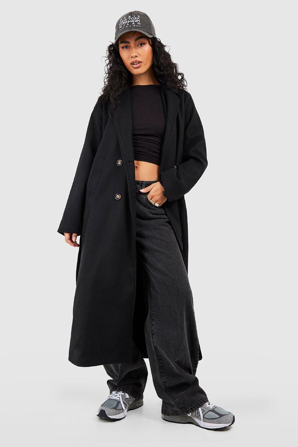 womens longline double breasted belted wool look coat - black - 14, black