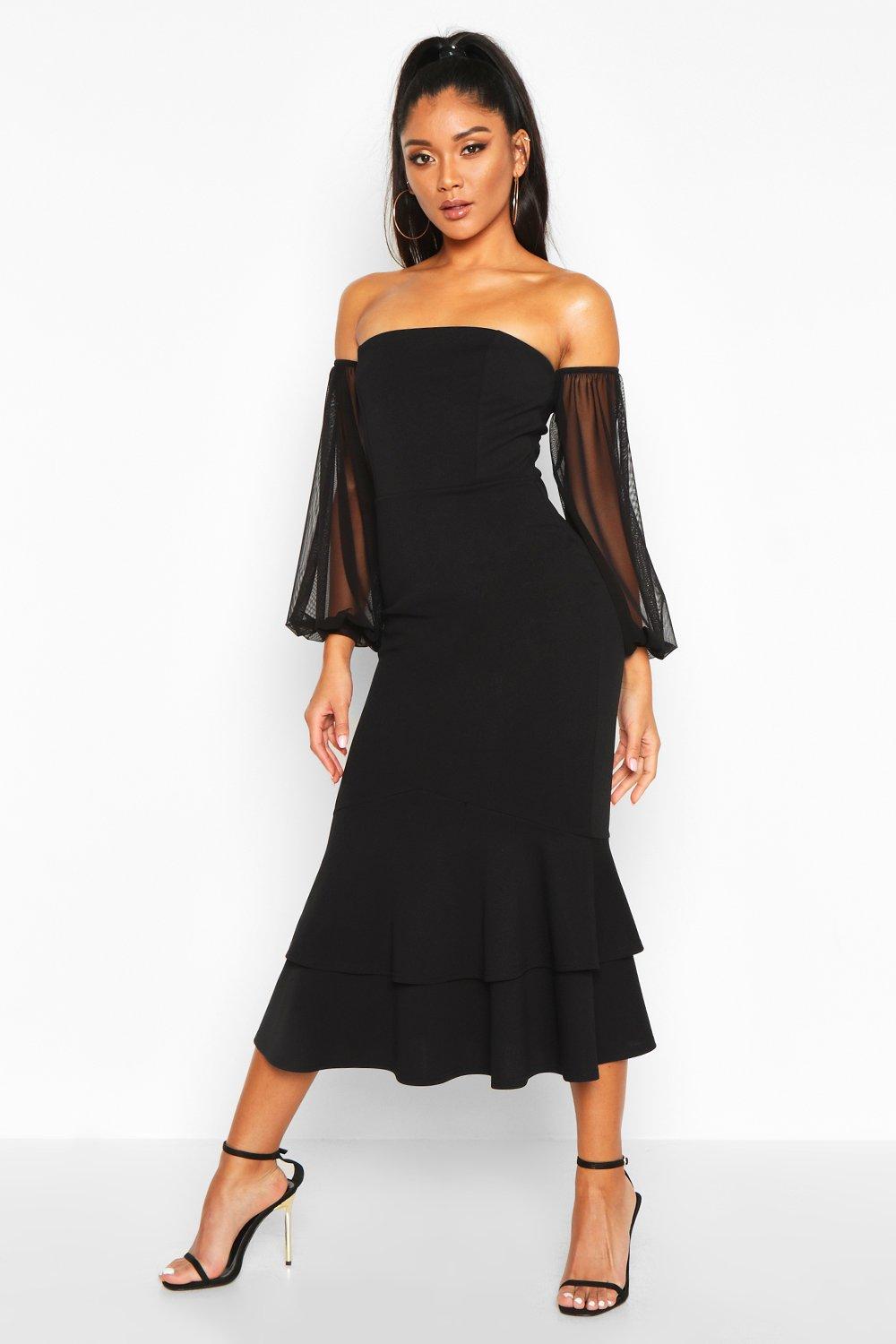 black fishtail midi dress