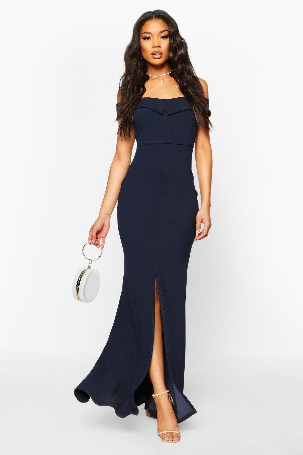 navy bardot fold detail extreme split maxi dress