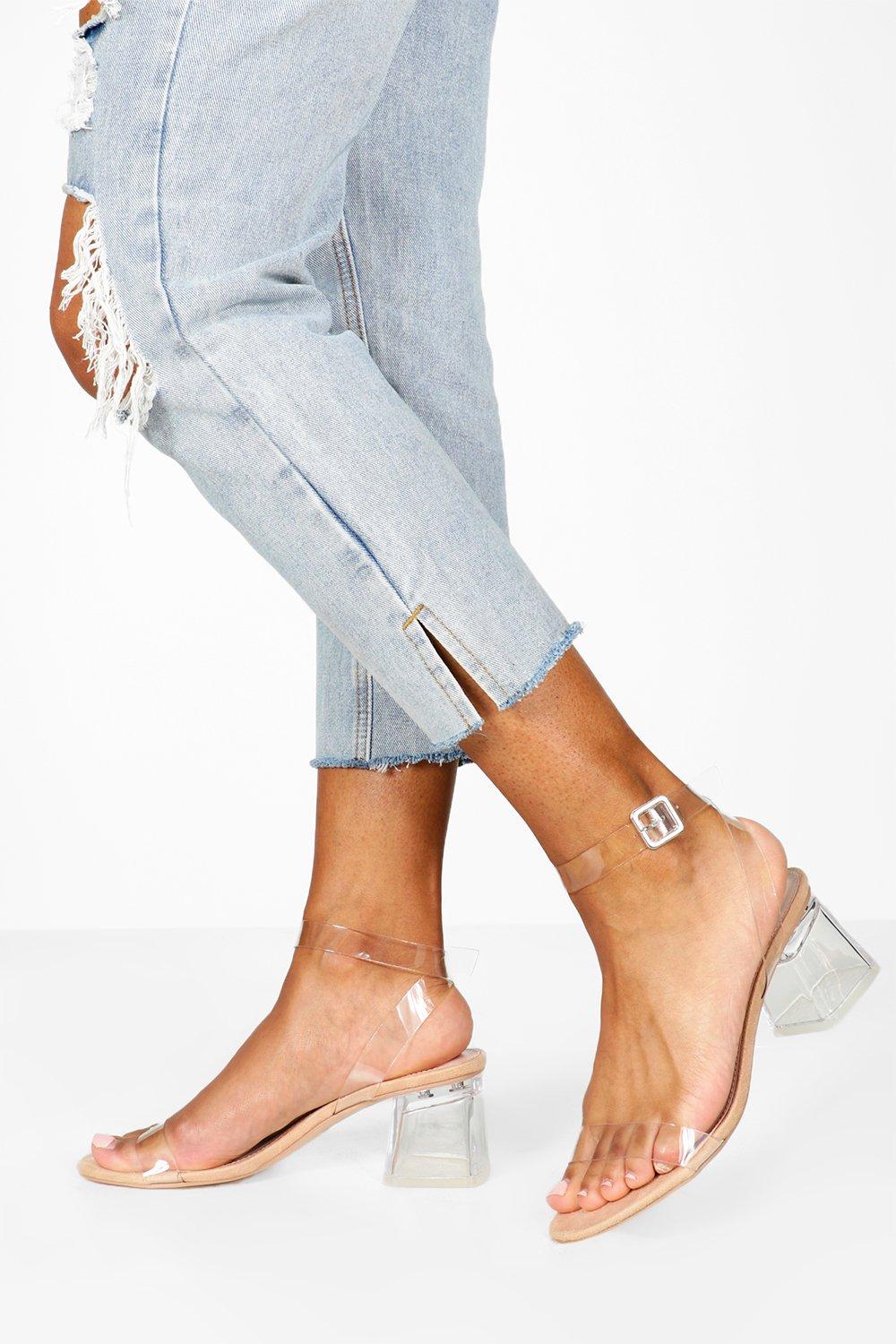 boohoo barely there block heel sandals in clear