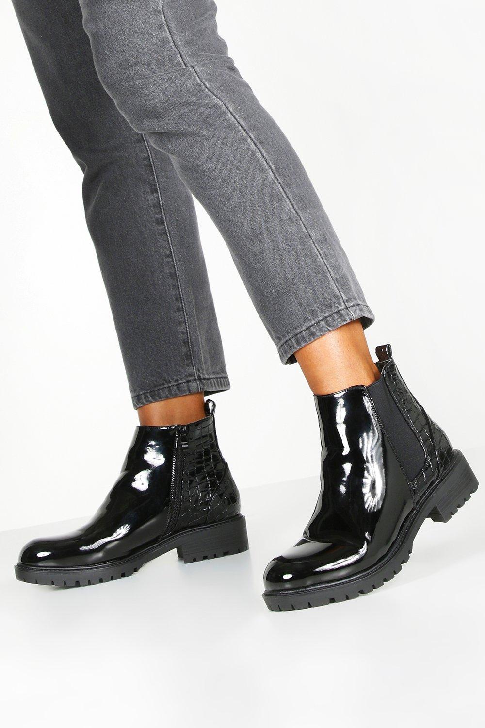 black patent croc chelsea boots