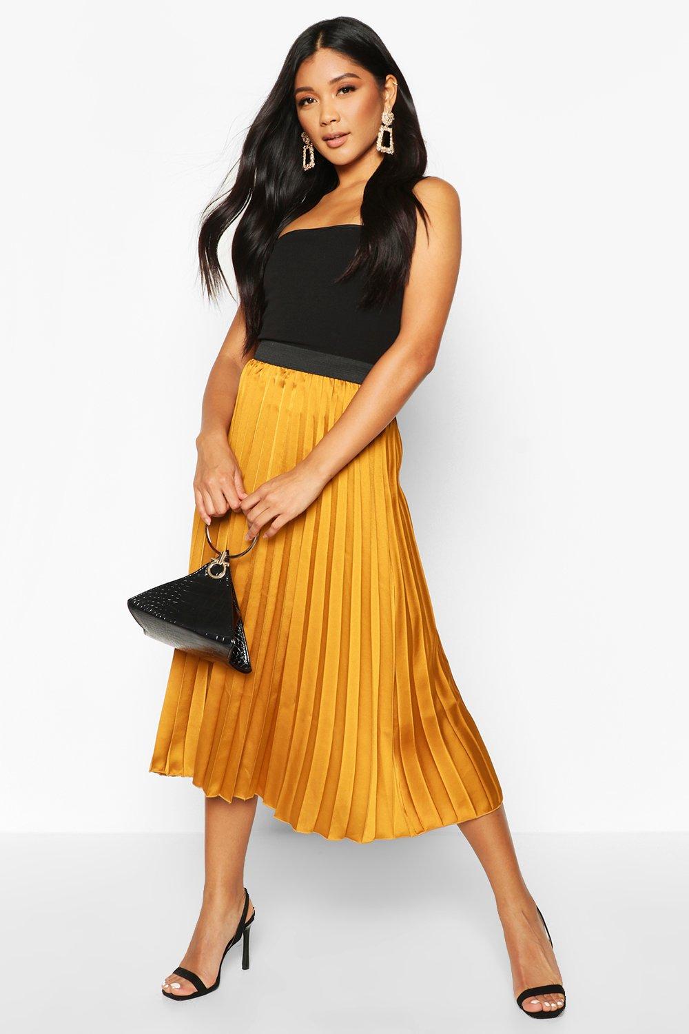 mustard satin pleated midi dress