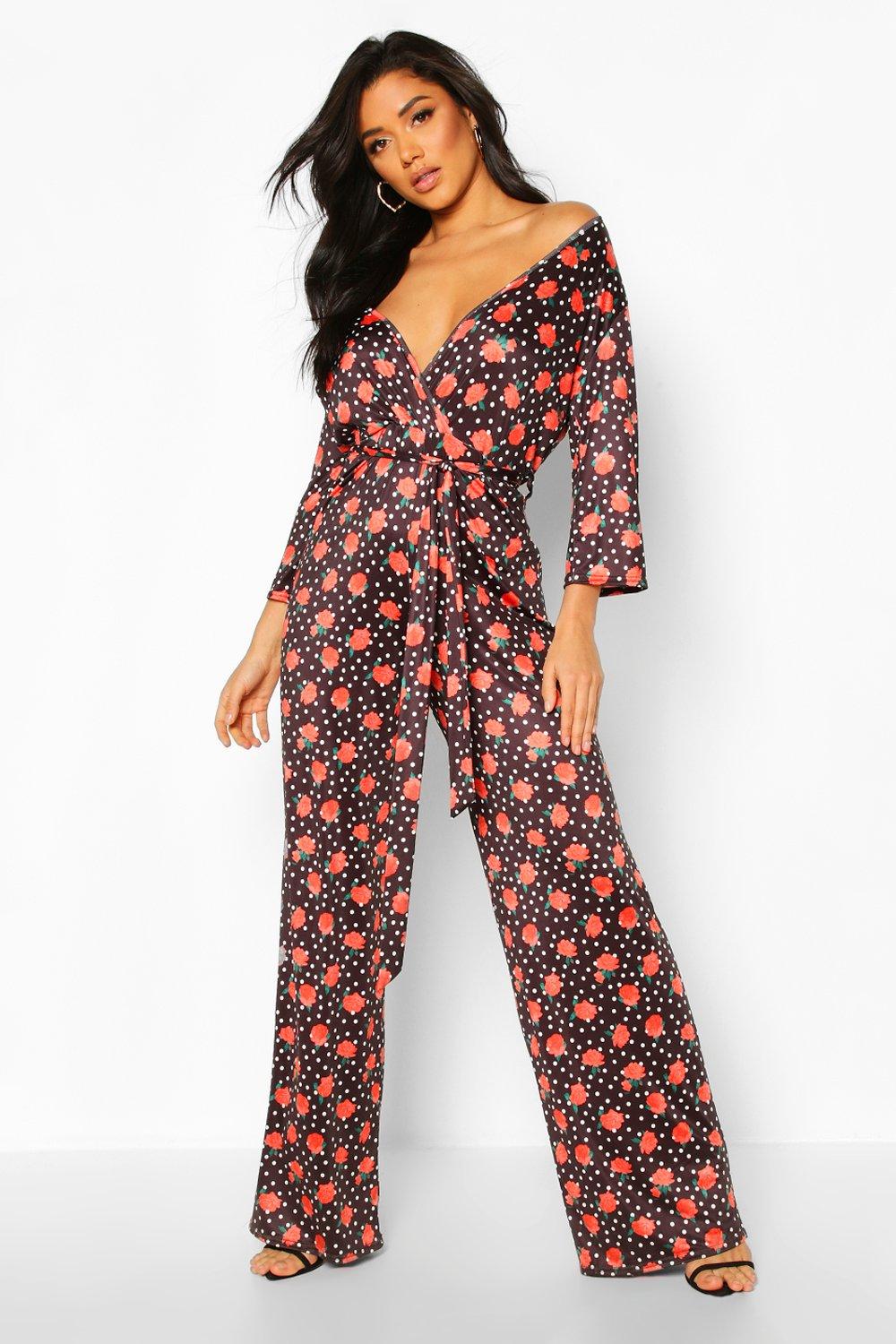 off the shoulder polka dot jumpsuit