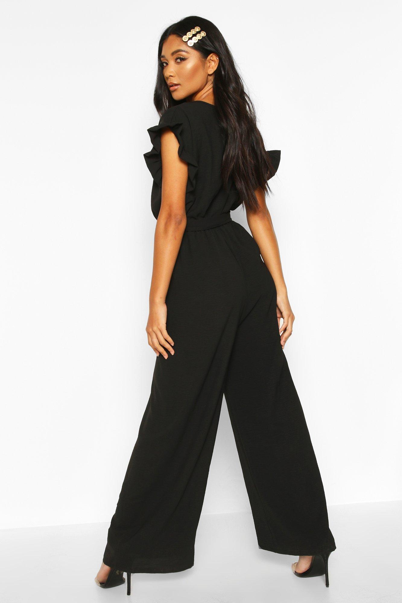 black jumpsuit with ruffle sleeves